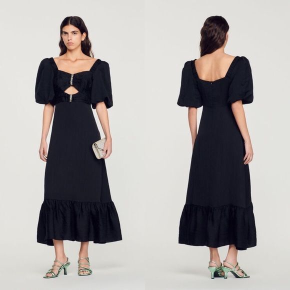 NEW NWT SANDRO Falbala Crystal Embellished Midi Dress Black - Picture 1 of 11